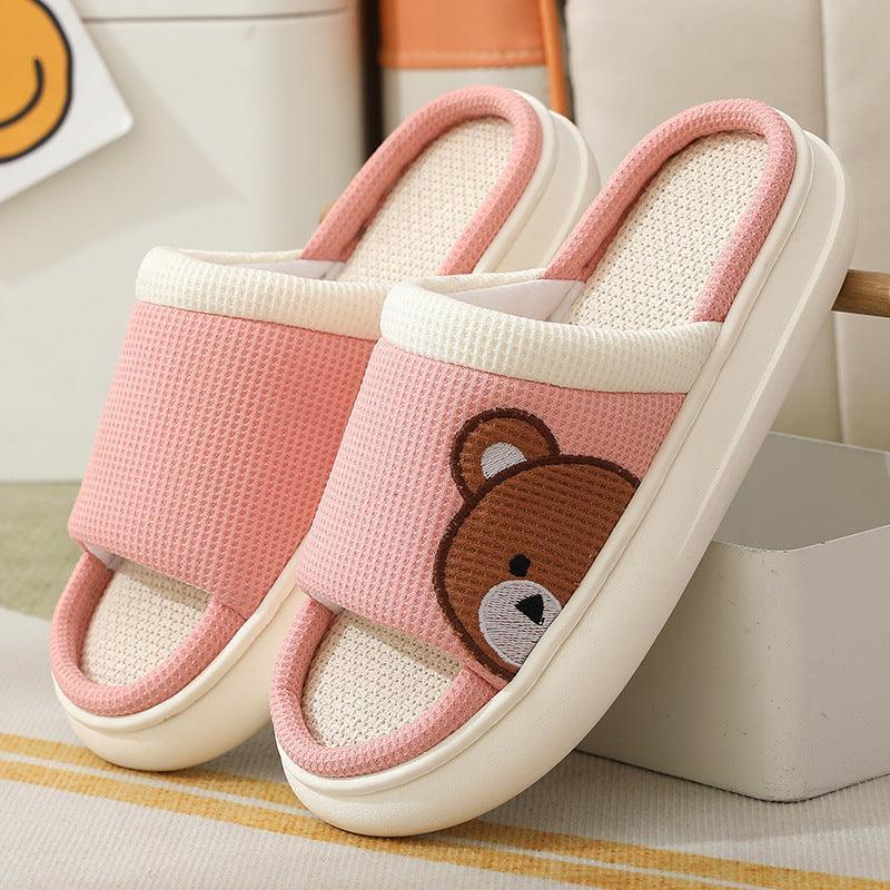 Cute Cartoon Bear Linen Slippers For Women Indoor Non-slip Sweat-absorbent Breathable Slip On Floor Bedroom Slipper House Shoes - Homey Footwear