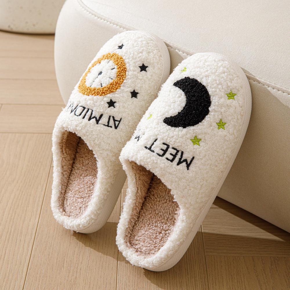 Moon And Clock Print Slipper Winter Warm Home Shoes Cute Bedroom Slippers - Homey Footwear