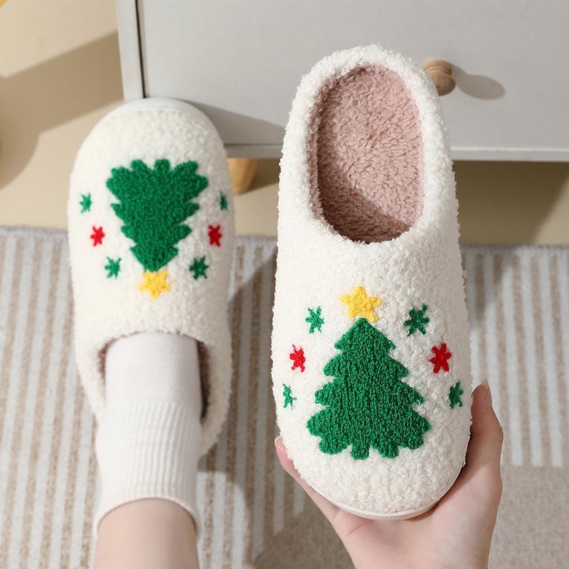 Christmas Home Slippers Cute Cartoon Santa Claus Cotton Slippers For Women And Men Couples Winter Warm Furry Shoes - Homey Footwear