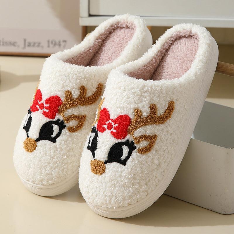 Christmas Home Slippers Cute Cartoon Santa Claus Cotton Slippers For Women And Men Couples Winter Warm Furry Shoes - Homey Footwear