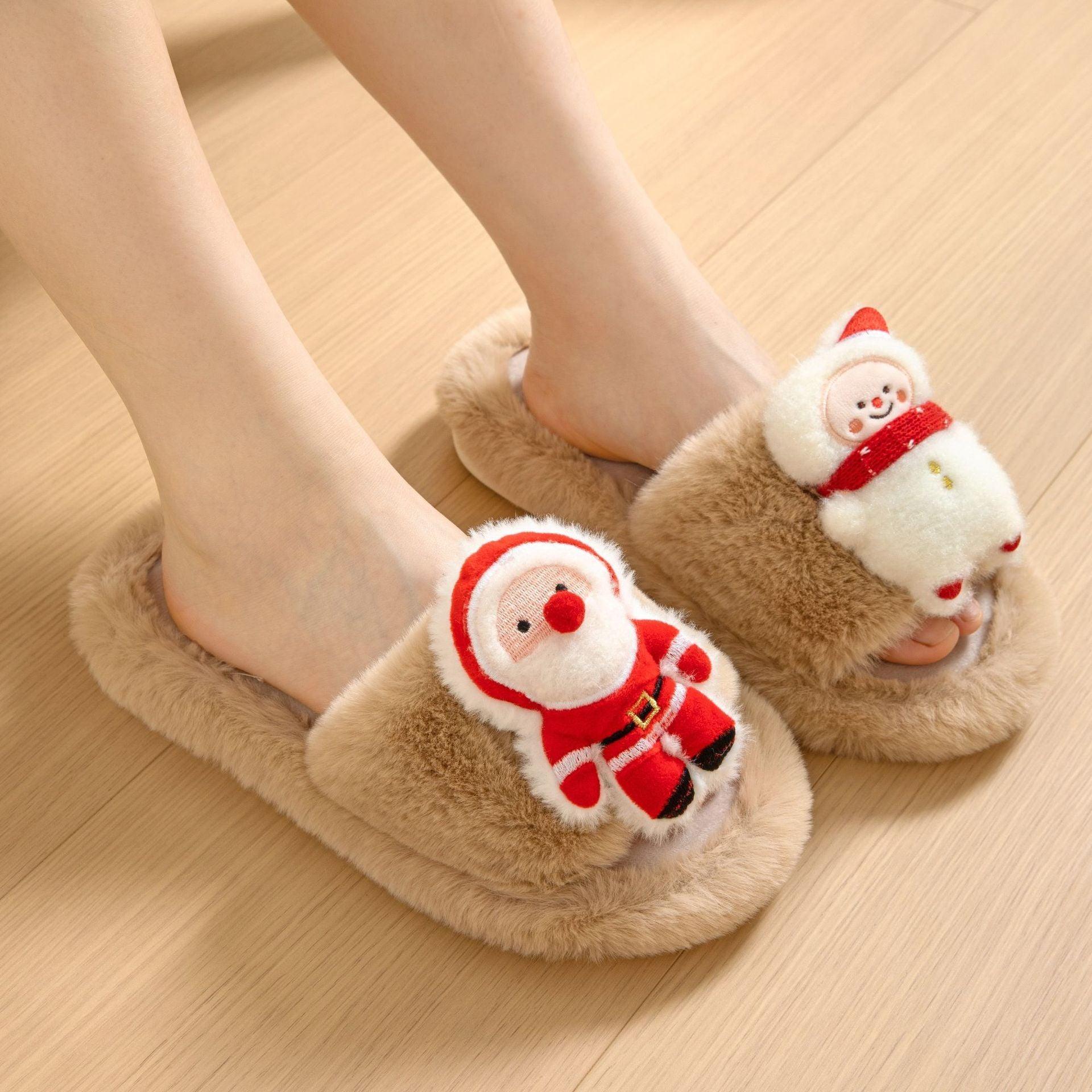 Christmas Shoes Ins Santa Claus Open-toe Cotton Slippers Winter Home Indoor Floor Plush Warm Furry Slippers Women - Homey Footwear