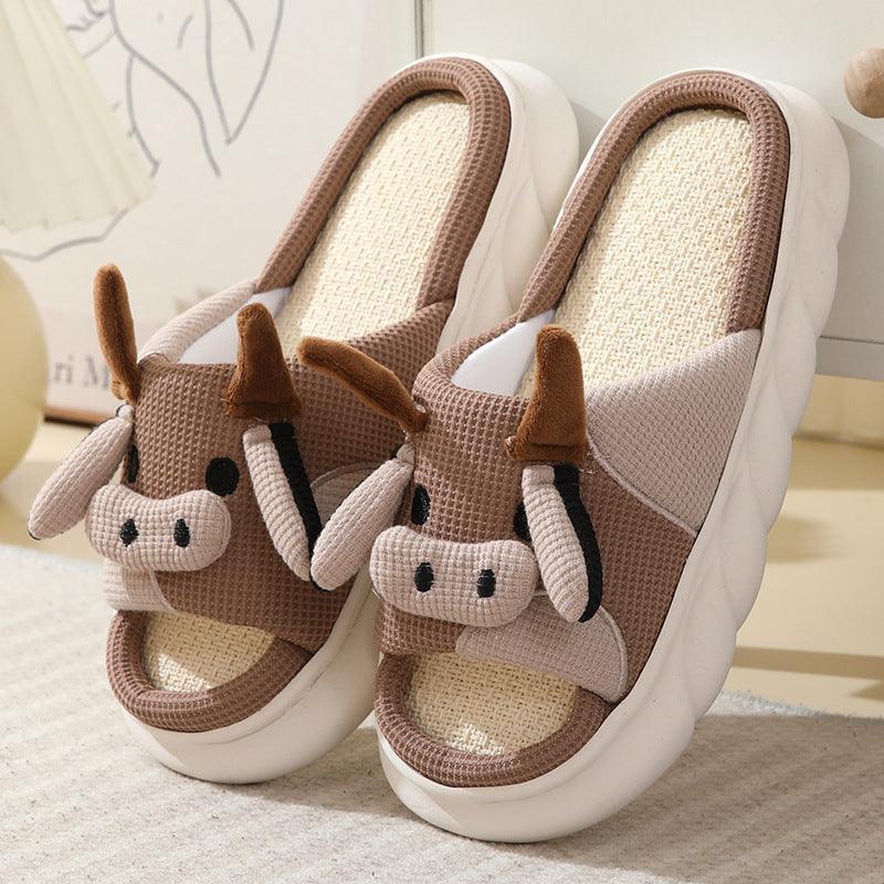 Cute Cartoon Cow Frog Slippers Linen Non-slip Shoes Indoor Garden Home Slippers - Homey Footwear