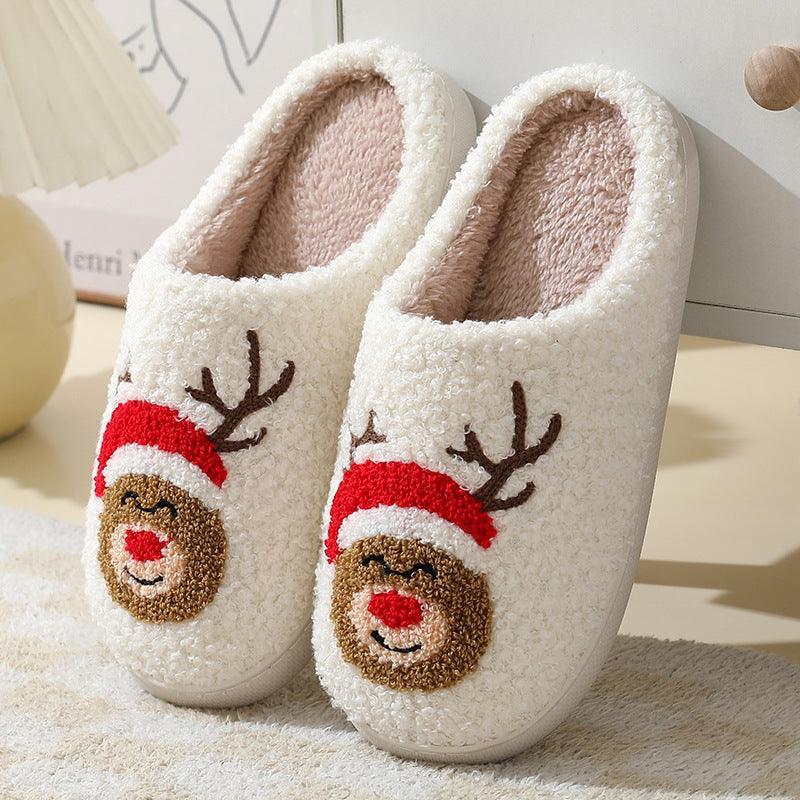 Christmas Home Slippers Cute Cartoon Santa Claus Cotton Slippers For Women And Men Couples Winter Warm Furry Shoes - Homey Footwear