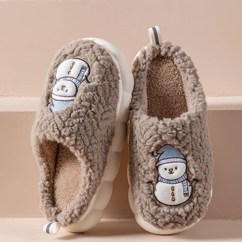 Cute Snowman Slippers Winter Indoor Household Warm Plush Thick-Soled Anti-slip Couple Home Slipper Soft Floor Bedroom House Shoes - Homey Footwear