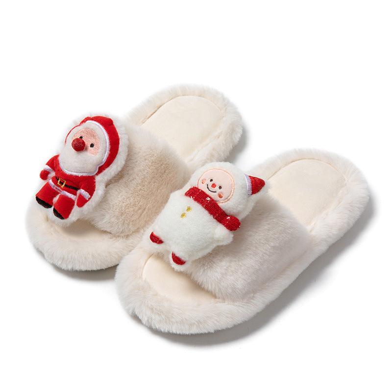 Christmas Shoes Ins Santa Claus Open-toe Cotton Slippers Winter Home Indoor Floor Plush Warm Furry Slippers Women - Homey Footwear