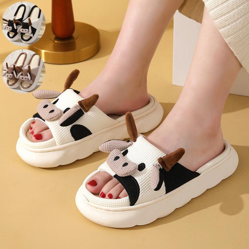 Cute Cartoon Cow Frog Slippers Linen Non-slip Shoes Indoor Garden Home Slippers - Homey Footwear