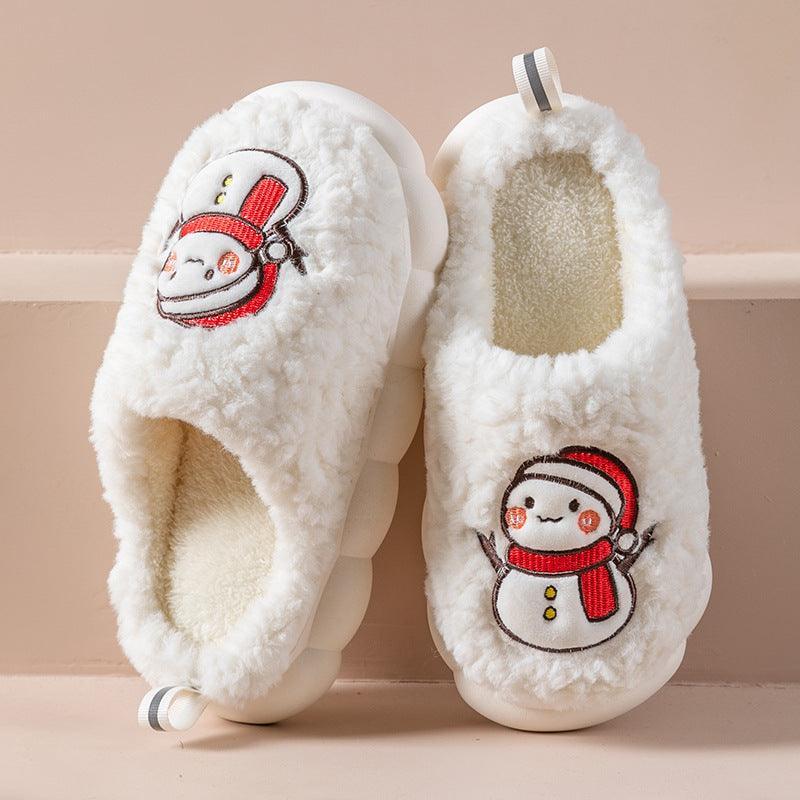 Cute Snowman Slippers Winter Indoor Household Warm Plush Thick-Soled Anti-slip Couple Home Slipper Soft Floor Bedroom House Shoes - Homey Footwear