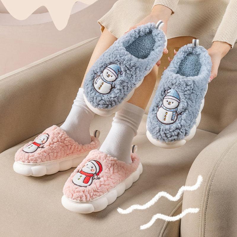 Cute Snowman Slippers Winter Indoor Household Warm Plush Thick-Soled Anti-slip Couple Home Slipper Soft Floor Bedroom House Shoes - Homey Footwear