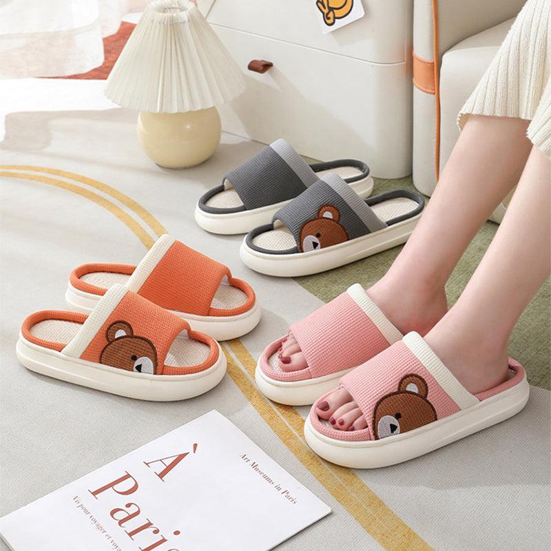 Cute Cartoon Bear Linen Slippers For Women Indoor Non-slip Sweat-absorbent Breathable Slip On Floor Bedroom Slipper House Shoes - Homey Footwear