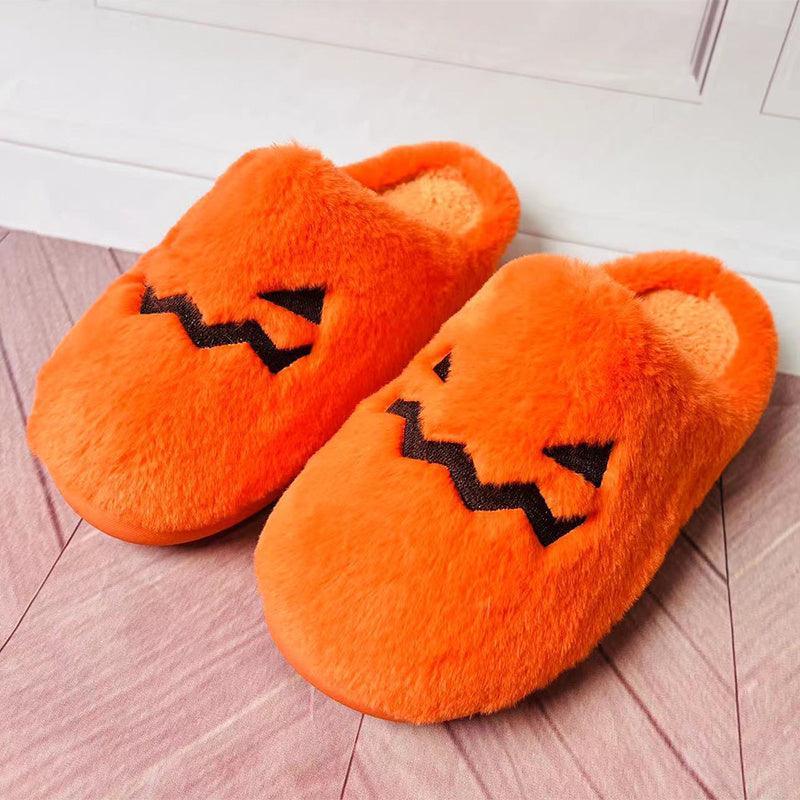 Cute Halloween Pumpkin Slippers Winter Warm Plush Bedroom Floor Home Slippers Casual Slip On Comfortable Cozy Indoor House Shoes - Homey Footwear