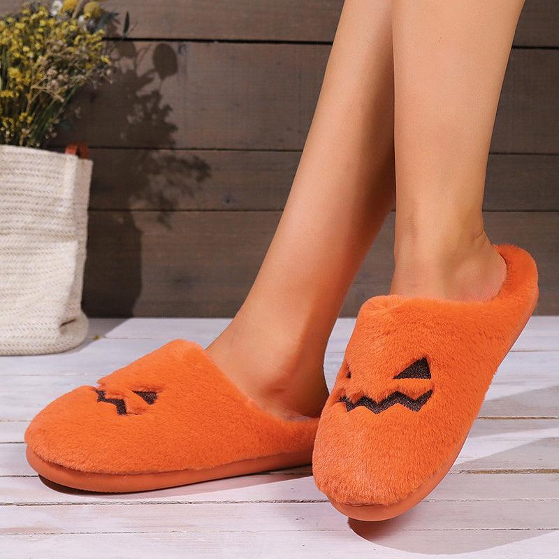 Cute Halloween Pumpkin Slippers Winter Warm Plush Bedroom Floor Home Slippers Casual Slip On Comfortable Cozy Indoor House Shoes - Homey Footwear