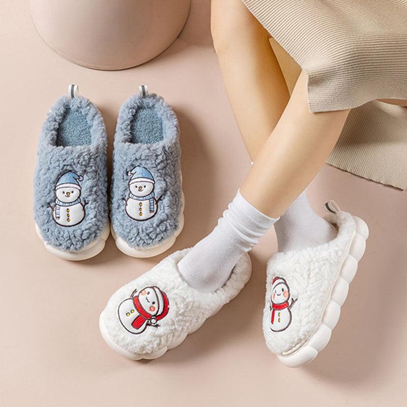 Cute Snowman Slippers Winter Indoor Household Warm Plush Thick-Soled Anti-slip Couple Home Slipper Soft Floor Bedroom House Shoes - Homey Footwear