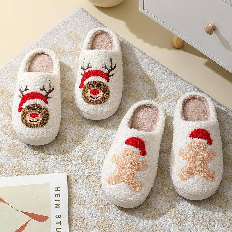 Christmas Home Slippers Cute Cartoon Santa Claus Cotton Slippers For Women And Men Couples Winter Warm Furry Shoes - Homey Footwear