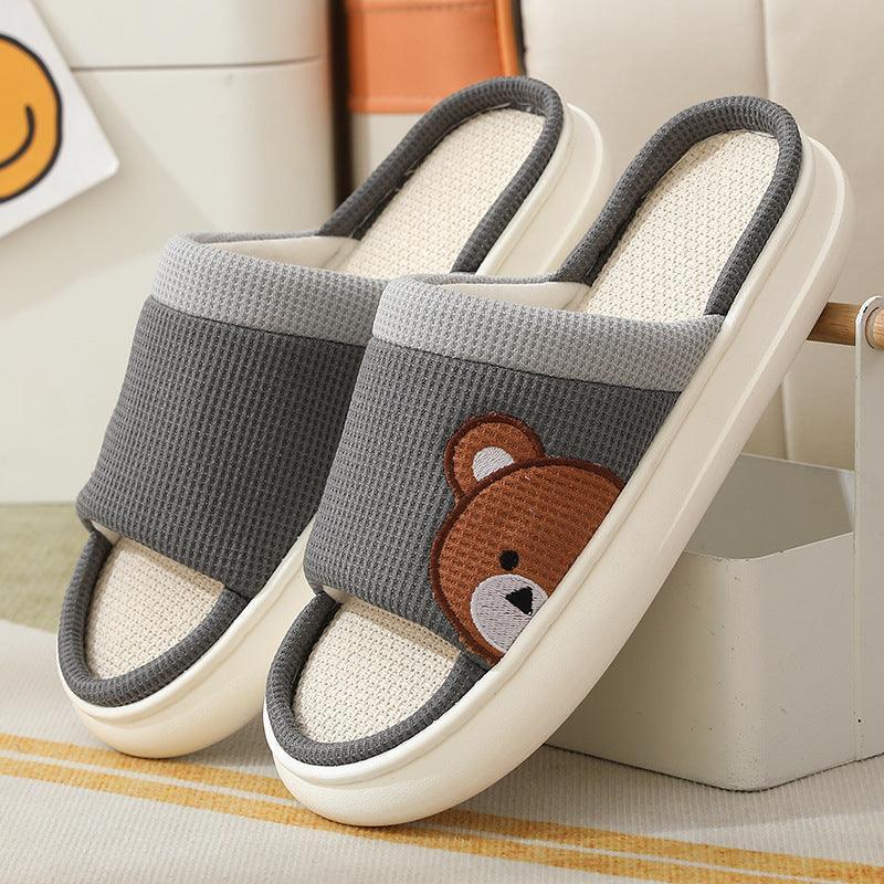 Cute Cartoon Bear Linen Slippers For Women Indoor Non-slip Sweat-absorbent Breathable Slip On Floor Bedroom Slipper House Shoes - Homey Footwear