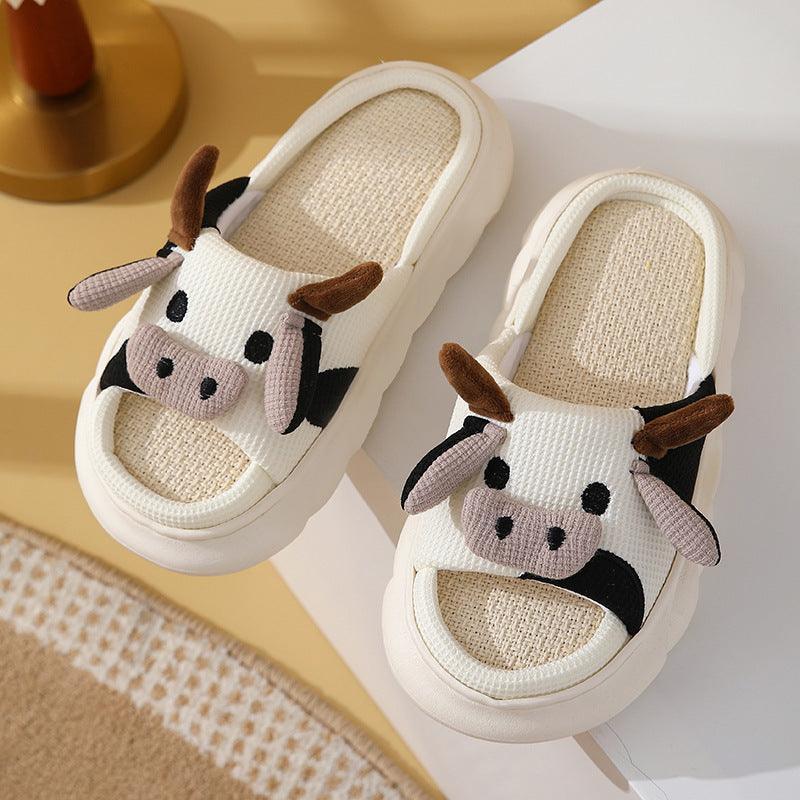 Cute Cartoon Cow Frog Slippers Linen Non-slip Shoes Indoor Garden Home Slippers - Homey Footwear