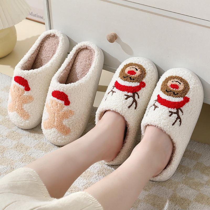 Christmas Home Slippers Cute Cartoon Santa Claus Cotton Slippers For Women And Men Couples Winter Warm Furry Shoes - Homey Footwear