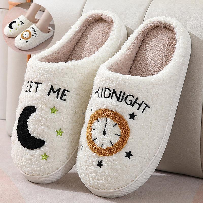 Moon And Clock Print Slipper Winter Warm Home Shoes Cute Bedroom Slippers - Homey Footwear