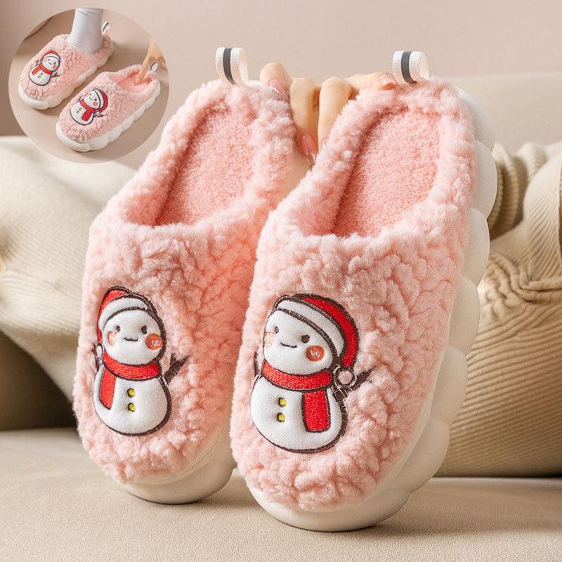 Cute Snowman Slippers Winter Indoor Household Warm Plush Thick-Soled Anti-slip Couple Home Slipper Soft Floor Bedroom House Shoes - Homey Footwear