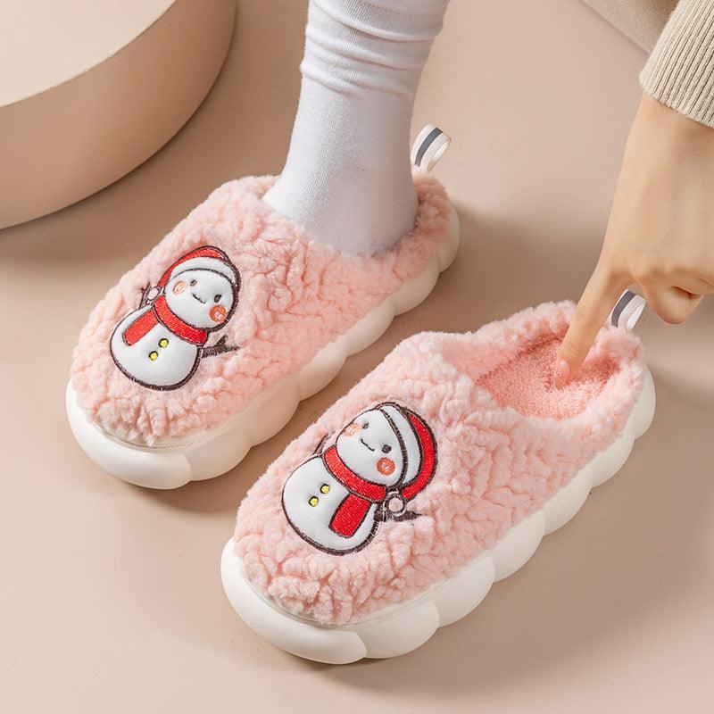 Cute Snowman Slippers Winter Indoor Household Warm Plush Thick-Soled Anti-slip Couple Home Slipper Soft Floor Bedroom House Shoes - Homey Footwear