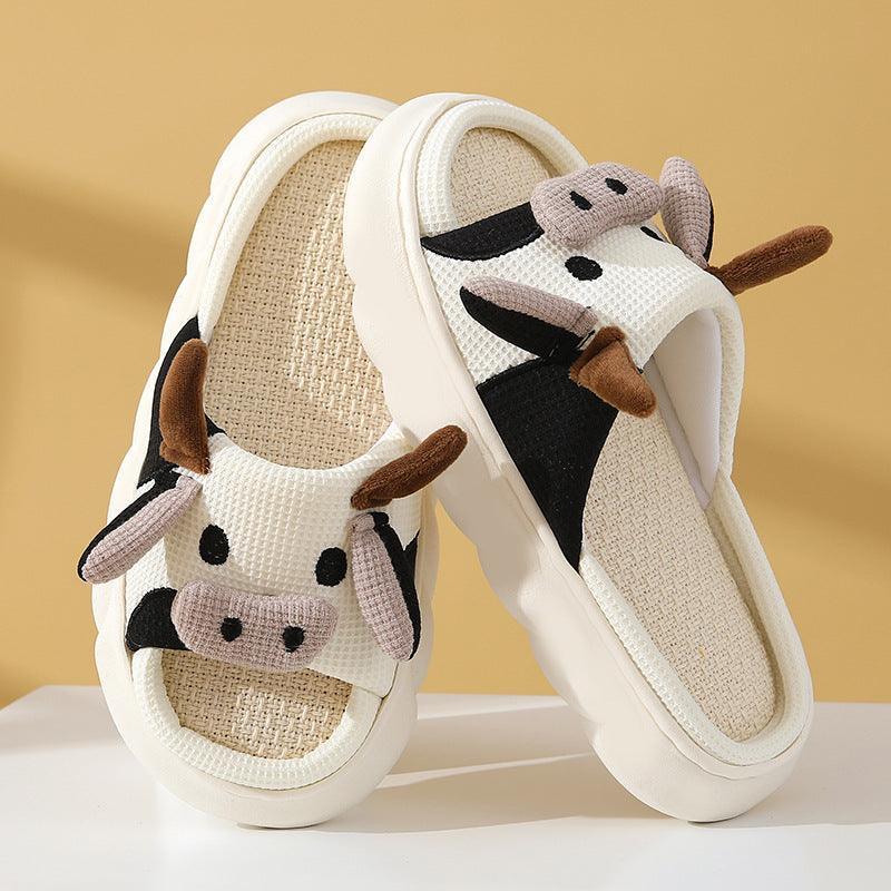 Cute Cartoon Cow Frog Slippers Linen Non-slip Shoes Indoor Garden Home Slippers - Homey Footwear