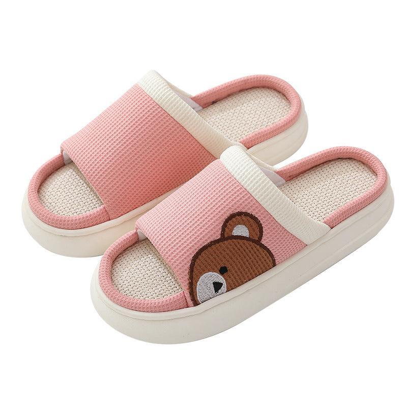 Cute Cartoon Bear Linen Slippers For Women Indoor Non-slip Sweat-absorbent Breathable Slip On Floor Bedroom Slipper House Shoes - Homey Footwear