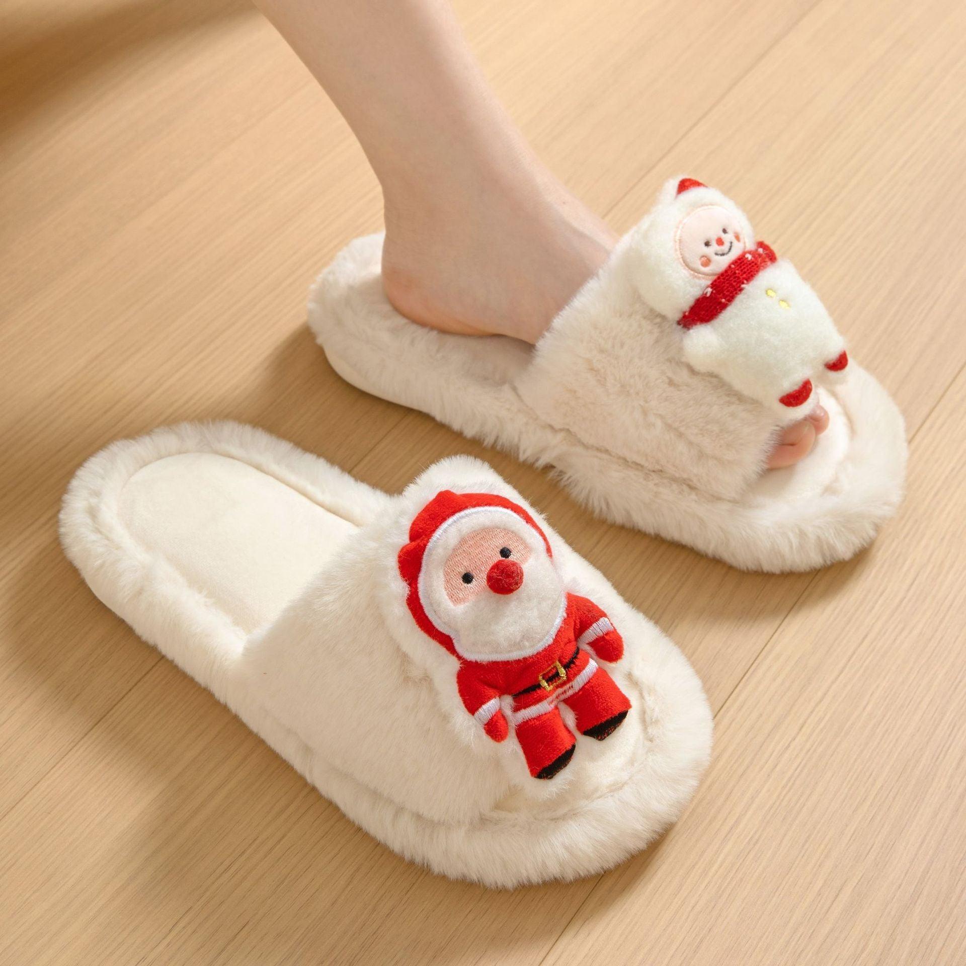 Christmas Shoes Ins Santa Claus Open-toe Cotton Slippers Winter Home Indoor Floor Plush Warm Furry Slippers Women - Homey Footwear