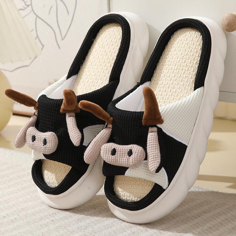 Cute Cartoon Cow Frog Slippers Linen Non-slip Shoes Indoor Garden Home Slippers - Homey Footwear