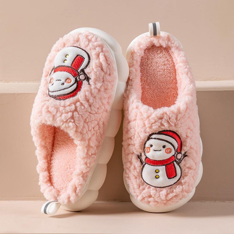 Cute Snowman Slippers Winter Indoor Household Warm Plush Thick-Soled Anti-slip Couple Home Slipper Soft Floor Bedroom House Shoes - Homey Footwear