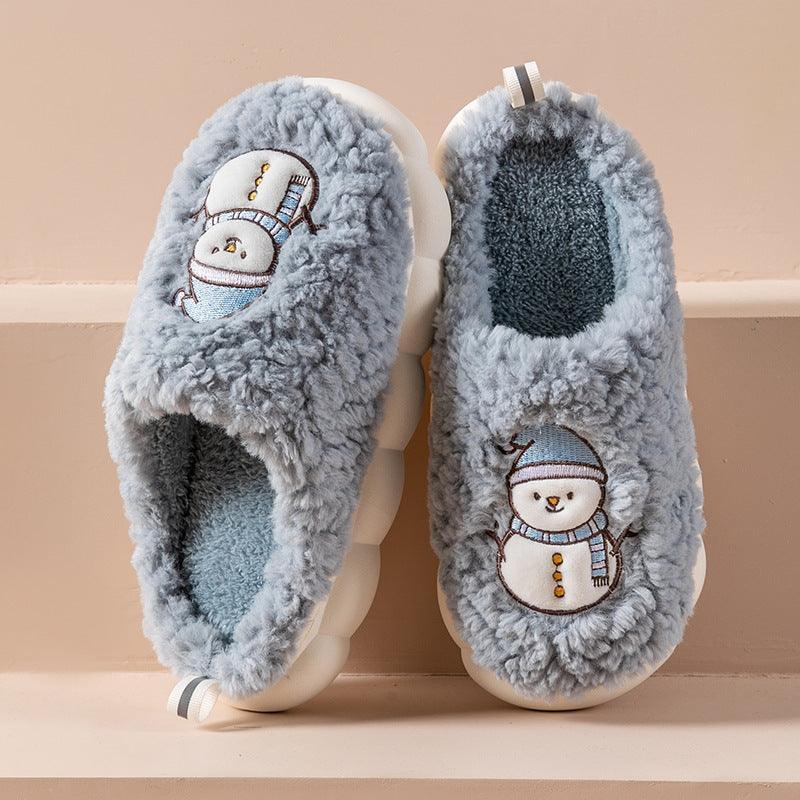 Cute Snowman Slippers Winter Indoor Household Warm Plush Thick-Soled Anti-slip Couple Home Slipper Soft Floor Bedroom House Shoes - Homey Footwear