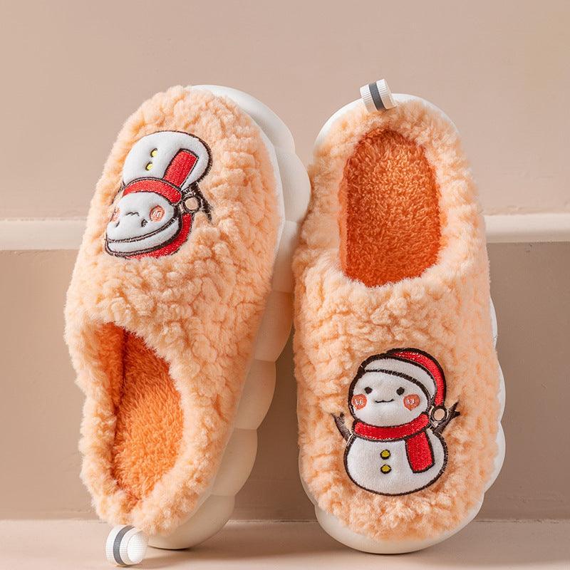 Cute Snowman Slippers Winter Indoor Household Warm Plush Thick-Soled Anti-slip Couple Home Slipper Soft Floor Bedroom House Shoes - Homey Footwear