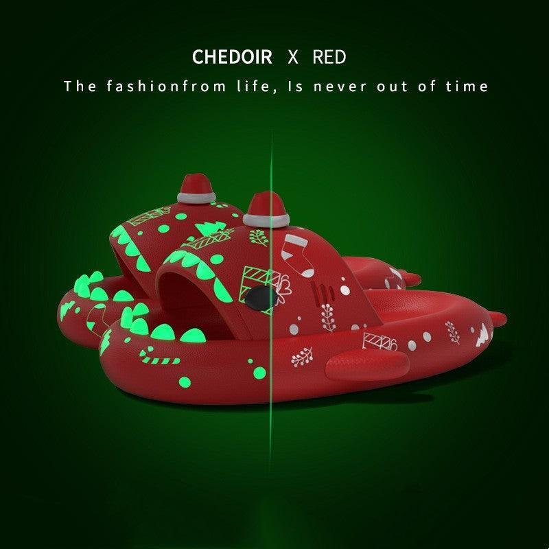 Halloween And Christmas Shoes Ins Luminous Shark Slippers Couple Men Women House Shoes Non-slip Bathroom Slippers Home - Homey Footwear