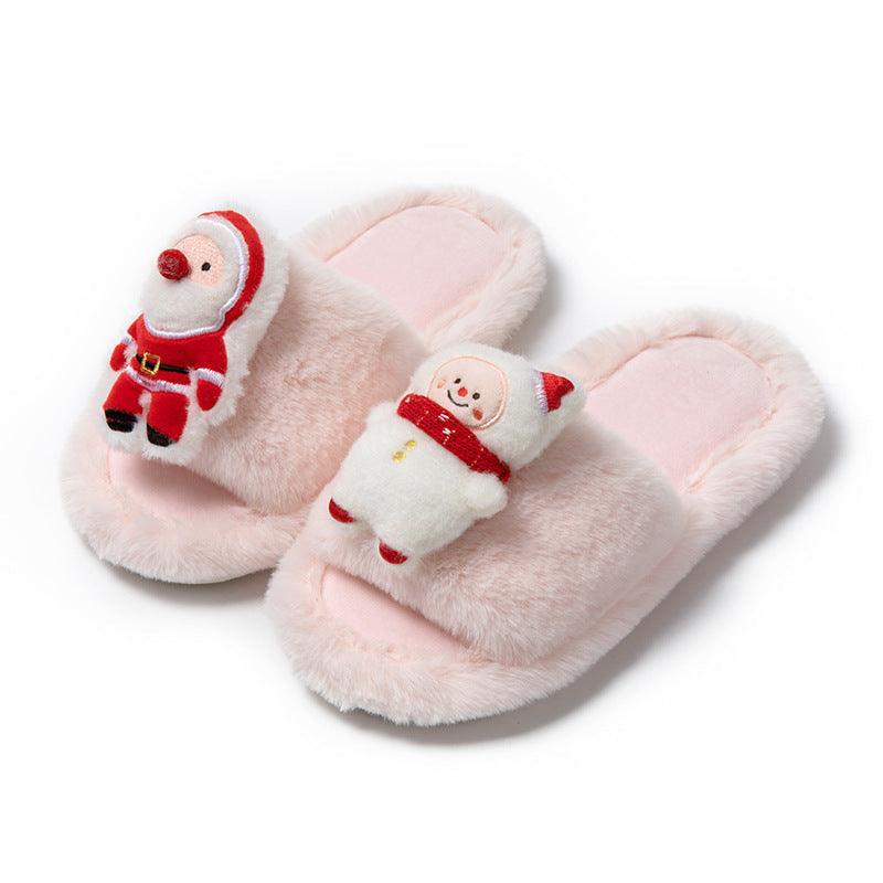 Christmas Shoes Ins Santa Claus Open-toe Cotton Slippers Winter Home Indoor Floor Plush Warm Furry Slippers Women - Homey Footwear