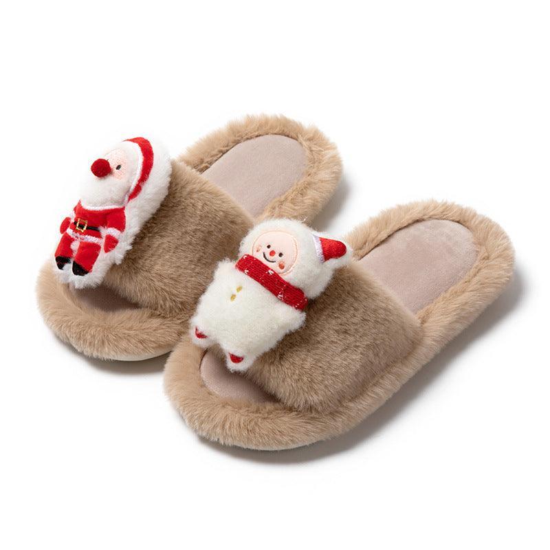 Christmas Shoes Ins Santa Claus Open-toe Cotton Slippers Winter Home Indoor Floor Plush Warm Furry Slippers Women - Homey Footwear