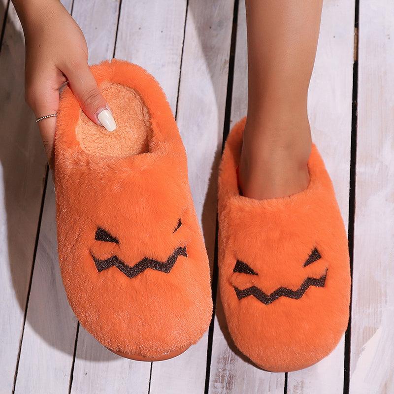 Cute Halloween Pumpkin Slippers Winter Warm Plush Bedroom Floor Home Slippers Casual Slip On Comfortable Cozy Indoor House Shoes - Homey Footwear