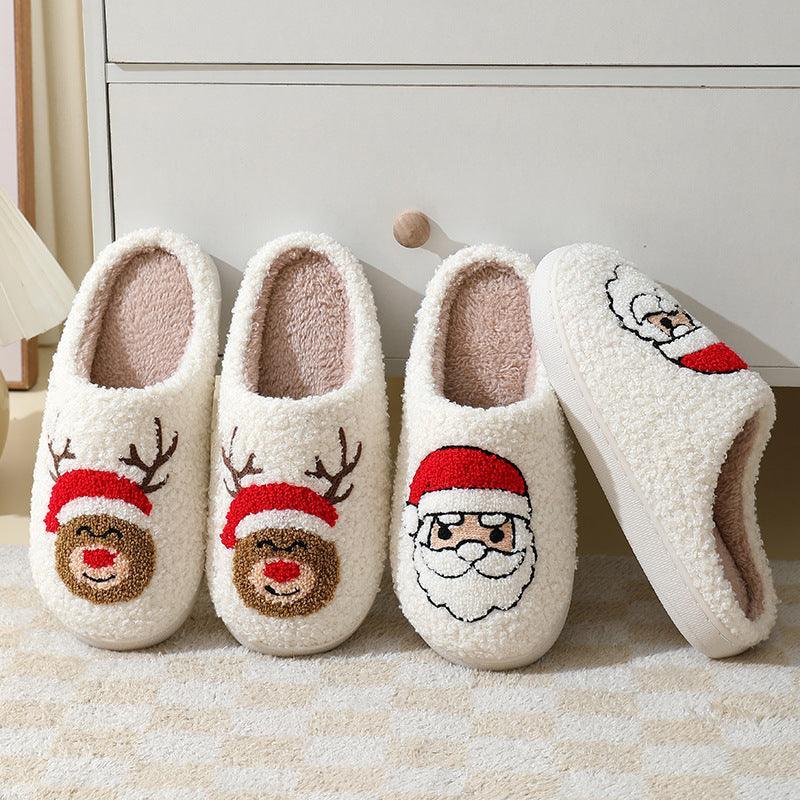 Christmas Home Slippers Cute Cartoon Santa Claus Cotton Slippers For Women And Men Couples Winter Warm Furry Shoes - Homey Footwear