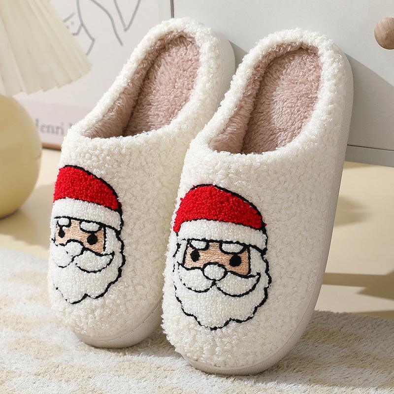 Christmas Home Slippers Cute Cartoon Santa Claus Cotton Slippers For Women And Men Couples Winter Warm Furry Shoes - Homey Footwear