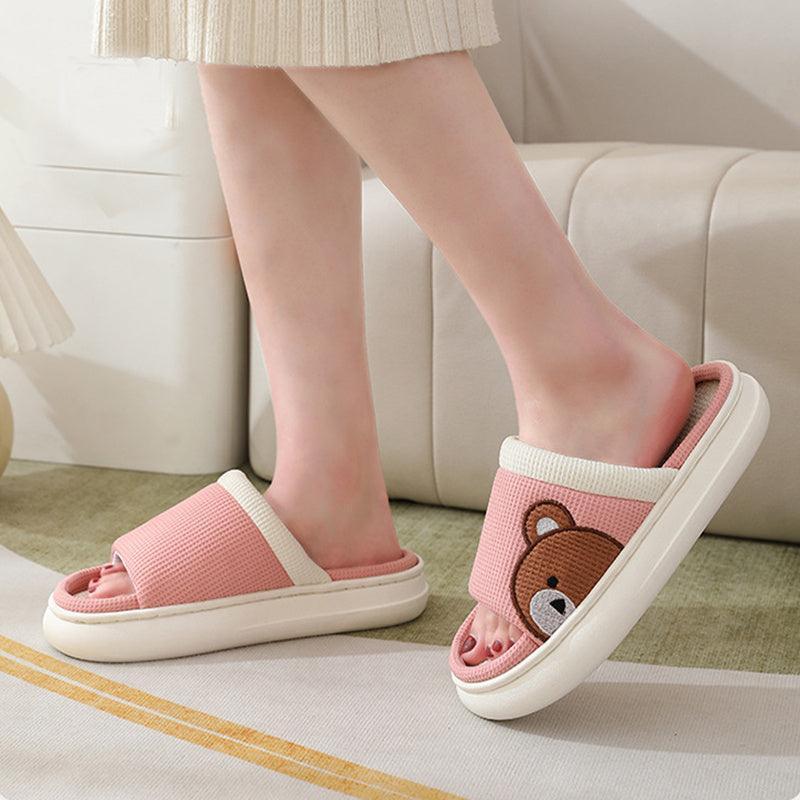 Cute Cartoon Bear Linen Slippers For Women Indoor Non-slip Sweat-absorbent Breathable Slip On Floor Bedroom Slipper House Shoes - Homey Footwear