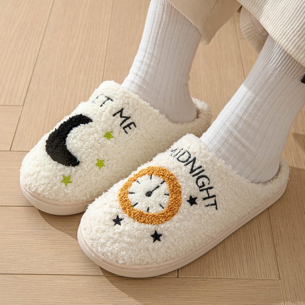 Moon And Clock Print Slipper Winter Warm Home Shoes Cute Bedroom Slippers - Homey Footwear