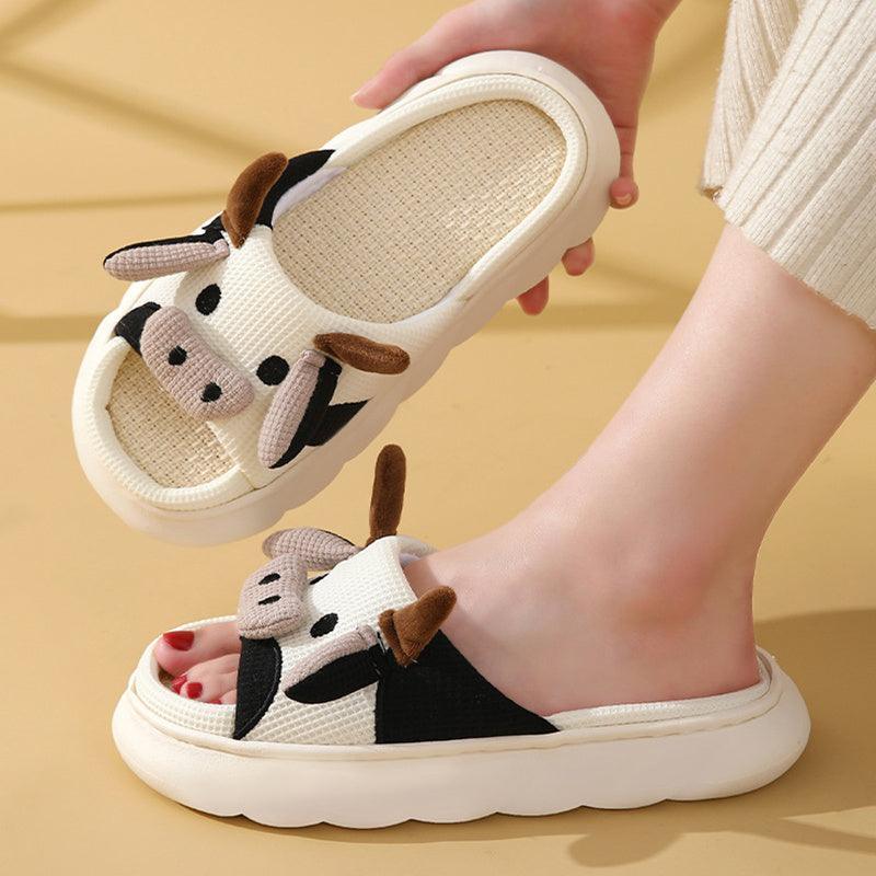 Cute Cartoon Cow Frog Slippers Linen Non-slip Shoes Indoor Garden Home Slippers - Homey Footwear