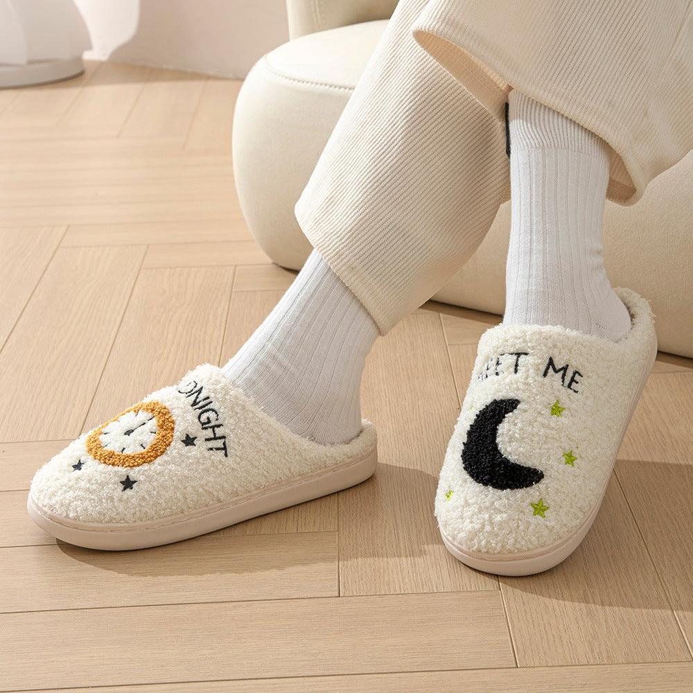 Moon And Clock Print Slipper Winter Warm Home Shoes Cute Bedroom Slippers - Homey Footwear