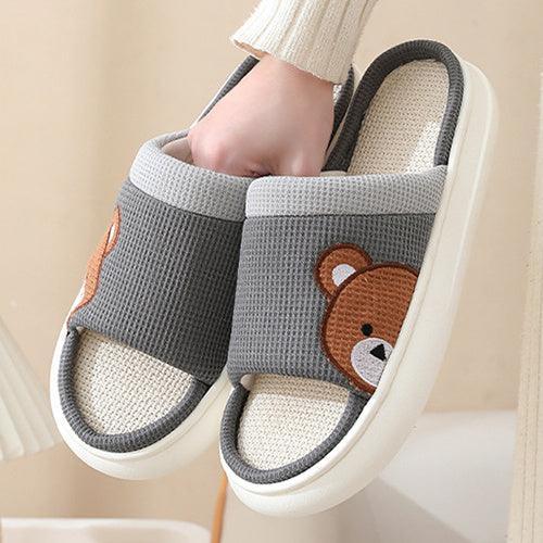 Cute Cartoon Bear Linen Slippers For Women Indoor Non-slip Sweat-absorbent Breathable Slip On Floor Bedroom Slipper House Shoes - Homey Footwear