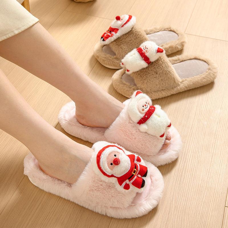 Christmas Shoes Ins Santa Claus Open-toe Cotton Slippers Winter Home Indoor Floor Plush Warm Furry Slippers Women - Homey Footwear