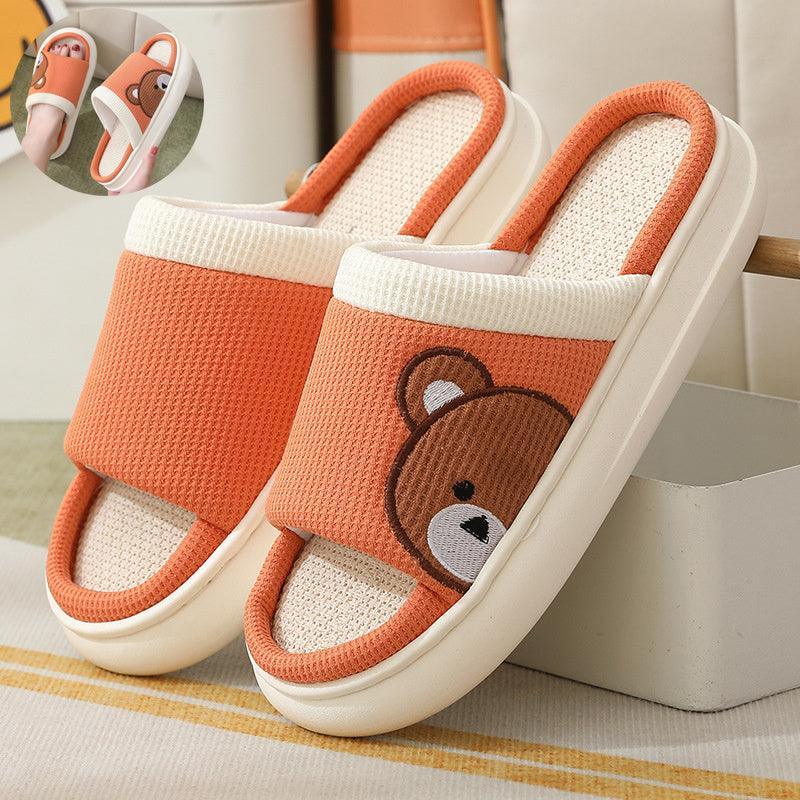 Cute Cartoon Bear Linen Slippers For Women Indoor Non-slip Sweat-absorbent Breathable Slip On Floor Bedroom Slipper House Shoes - Homey Footwear