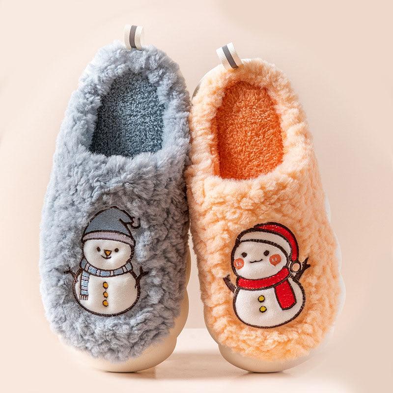 Cute Snowman Slippers Winter Indoor Household Warm Plush Thick-Soled Anti-slip Couple Home Slipper Soft Floor Bedroom House Shoes - Homey Footwear