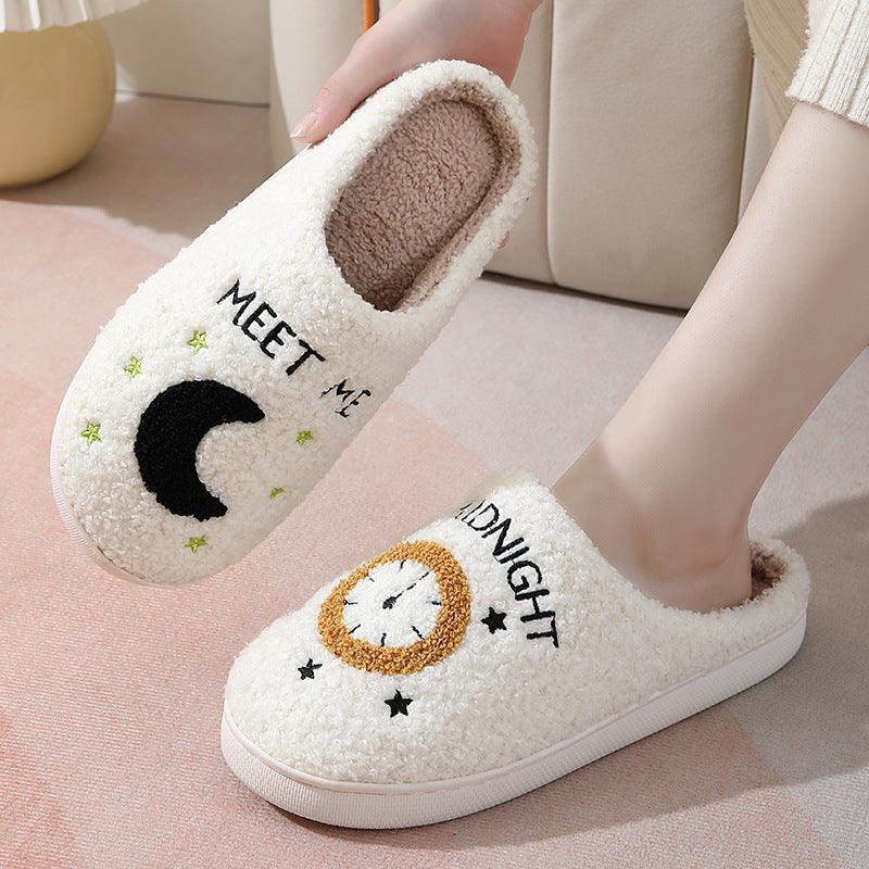 Moon And Clock Print Slipper Winter Warm Home Shoes Cute Bedroom Slippers - Homey Footwear