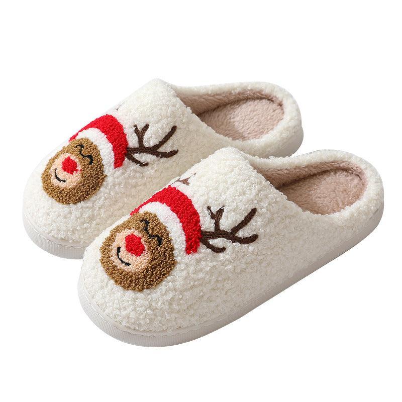 Christmas Home Slippers Cute Cartoon Santa Claus Cotton Slippers For Women And Men Couples Winter Warm Furry Shoes - Homey Footwear