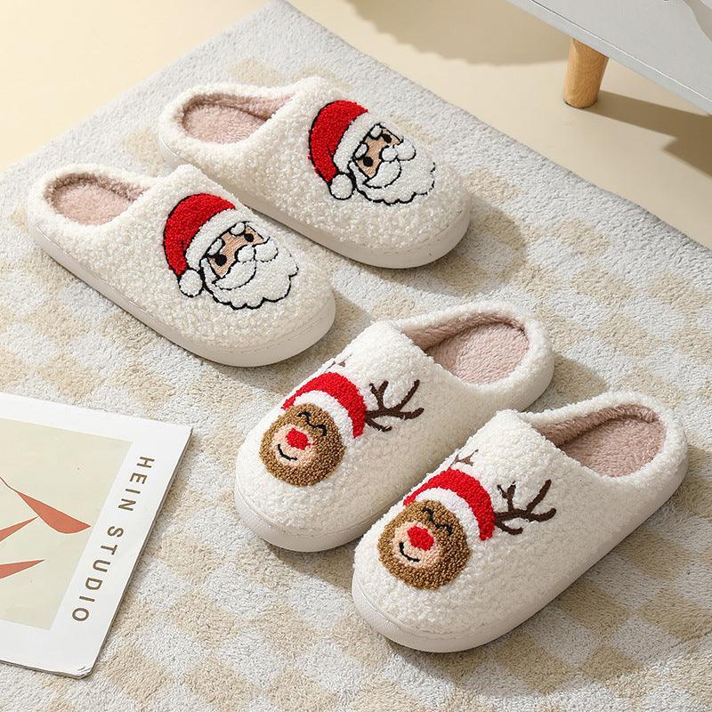 Christmas Home Slippers Cute Cartoon Santa Claus Cotton Slippers For Women And Men Couples Winter Warm Furry Shoes - Homey Footwear