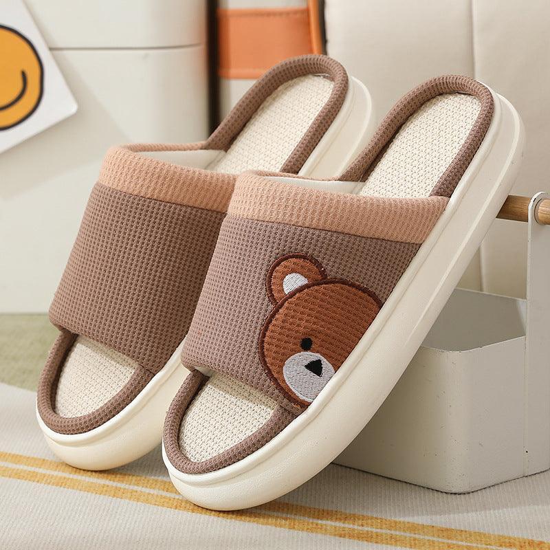 Cute Cartoon Bear Linen Slippers For Women Indoor Non-slip Sweat-absorbent Breathable Slip On Floor Bedroom Slipper House Shoes - Homey Footwear