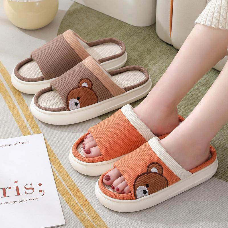 Cute Cartoon Bear Linen Slippers For Women Indoor Non-slip Sweat-absorbent Breathable Slip On Floor Bedroom Slipper House Shoes - Homey Footwear