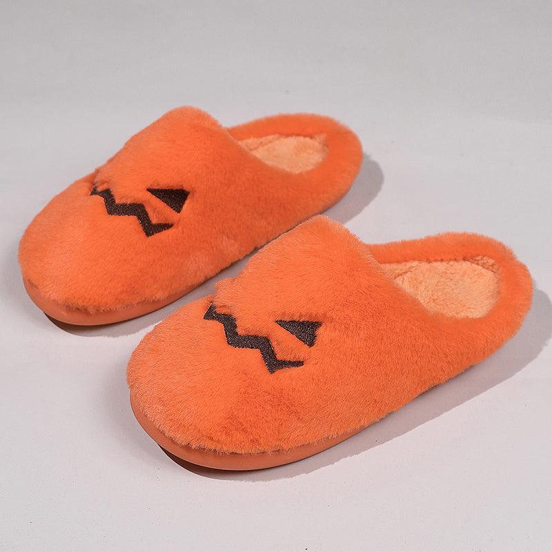 Cute Halloween Pumpkin Slippers Winter Warm Plush Bedroom Floor Home Slippers Casual Slip On Comfortable Cozy Indoor House Shoes - Homey Footwear